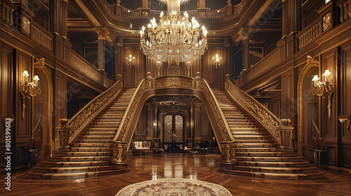 Indulge in the opulence of a grand foyer  where a sweeping staircase ascends towards a breathtaking chandelier  casting a warm glow over the richly paneled walls and ornate moldings.