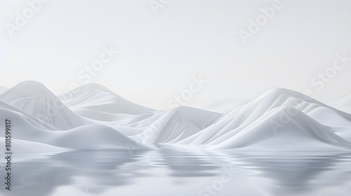 3D rendering of an abstract light white landscape background with white mountains and hills near water. Ice Mountain. White cold terrain, background image