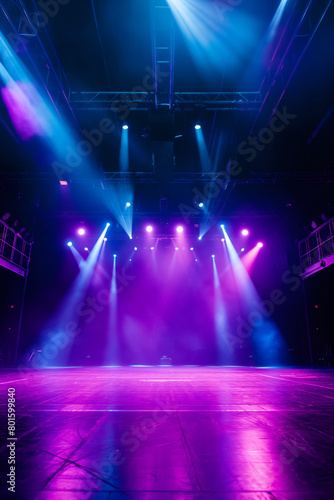 An Empty Stage Set for a Live Performance Illuminated by Vibrant Lights. © zakiroff