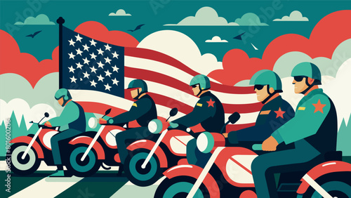 As the roar of engines fills the air a pack of patriotic motorcyclists revs up their bikes ready to hit the road and show their appreciation for those. Vector illustration