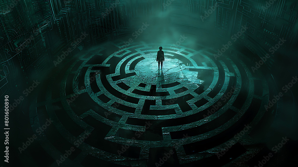 a person standing at the entrance of an intricately illuminated circular maze. The maze’s edges glow against a dark background a person standing at the entrance of an intricately illuminated circular maze. The maze’s edges glow against a dark background
