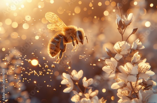 A closeup of an AI-generated bee in motion, surrounded by flowers and gold particles. The background is blurred with golden hues to create depth and focus on the subject.