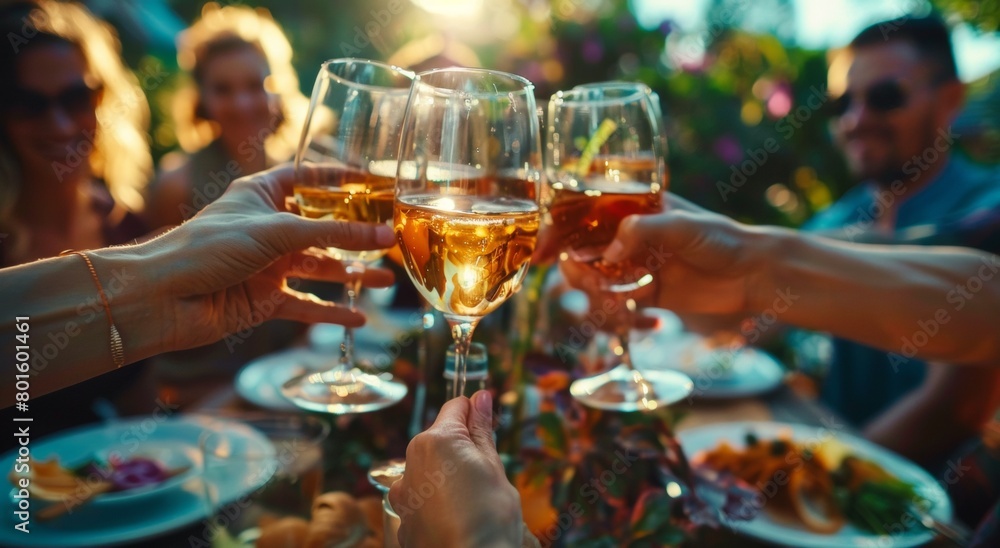 A group of friends toasting with glasses at an outdoor dining table, surrounded by plates and food items. The focus is on the hands holding wineglasses