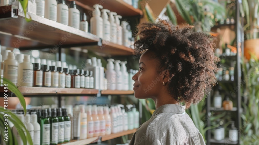 A woman browses shelves filled with beauty and skincare items in a well-lit shop. A woman browses shelves filled with beauty and skincare items in a well-lit shop.