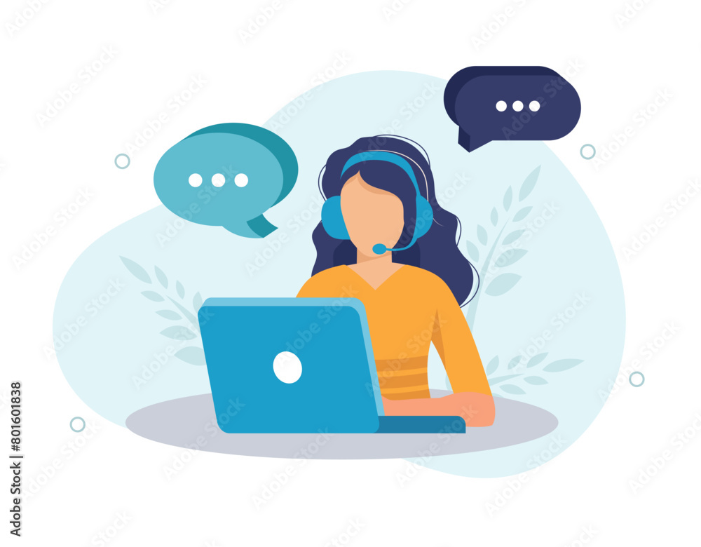 Vector illustration, customer service, hotline operator advises customer, online global technical support, customer and operator vector. Technician with lap top Vector illustration, customer service, hotline operator advises customer, online global technical support, customer and operator vector. Technician with lap top
