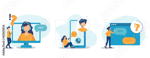Customer support illustration collection. Characters using online helpdesk platform. People asking a questions and receiving answers from helpdesk or call center operator. Vector illustration.