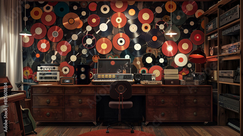 Step into a vintage vinyl haven, where walls adorned in a hyper-realistic collection of classic records create a nostalgic and visually stunning backdrop for your music sanctuary.