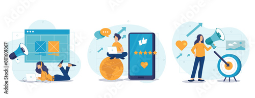 Social media marketing concept isolated person situations. Collection of scenes with people with megaphones attract new customers, advertising, promotion. Mega set. Vector illustration in flat design photo