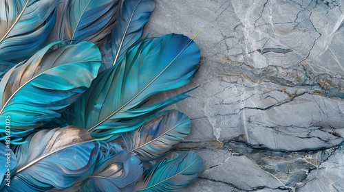 3D wallpaper close-up with blue and turquoise feathers on a grey marble backdrop.