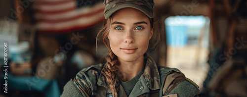 a female soldier standing in front of her house,  wearing military uniform, Generative AI. photo