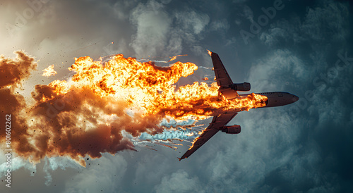 The airplane is on fire during the flight.