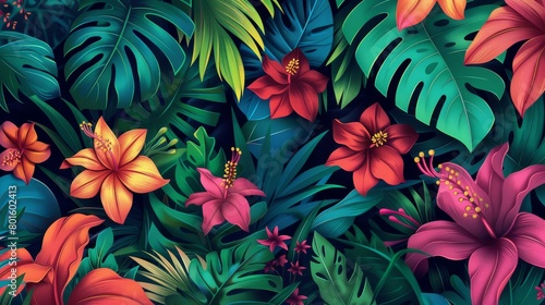 Vibrant tropical flowers nestled amongst lush greenery