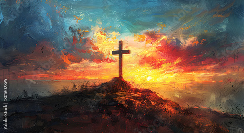 Oil painting of a cross standing on top of a hill during sunset.