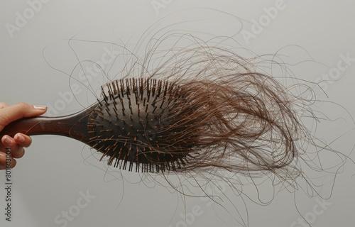 A person holding a hairbrush with long, thin brown hairs on it against a white background, showing the concept of falling out and loss in a female's age group. The focus is set to show detailed hair 