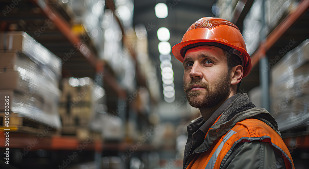 A helmeted worker in a warehouse. A helmeted worker in a warehouse.