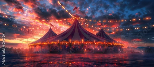circus tent red and white color with lamp light st sunset photo