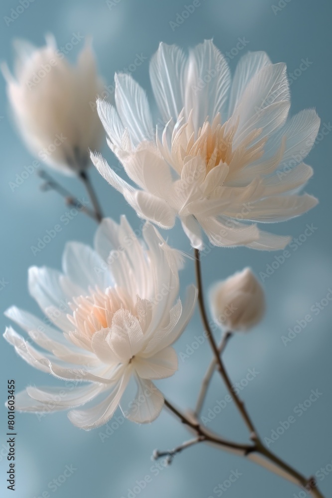 Two white flowers are shown against a blue sky background, AI Two white flowers are shown against a blue sky background, AI