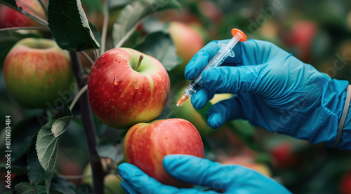 A gloved hand injecting a syringe into a red apple on an orchard branch, symbolizing genetic modification. Gloved scientist modifies an apples genetics amidst the verdant orchard photo