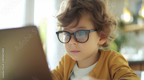 Little child with glasses studying using laptop