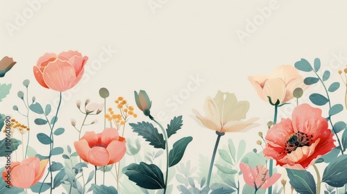Illustration of delicate flowers and leaves with a bumblebee pollinating a bloom