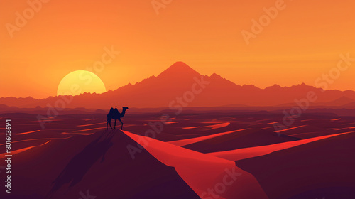camel silhouette, sunset in the desert