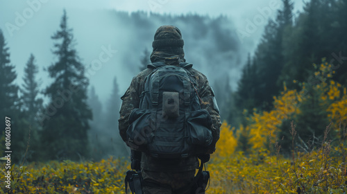Modern survivalist with backpack and necessary survival equipment photo