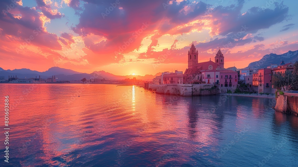 Evening view of Cefalu, featuring a radiant sunset sky illuminating the town and its historic buildings along the waterfront.