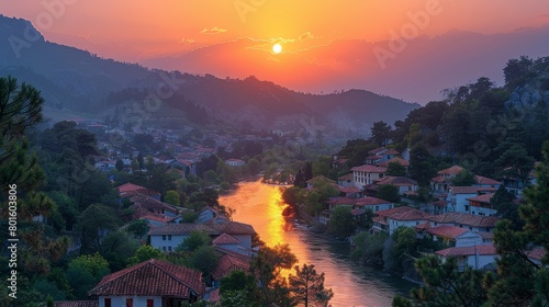 Evening view of Berat Town with the sun setting behind the mountains, illuminating the river and traditional houses. photo
