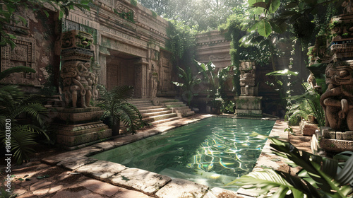 A Mayan-inspired courtyard, stone carvings, and a single cenote-like pool, sunlight filtering through tropical leaves.