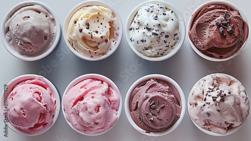  Six diverse ice creams in miniature cups adorn a table with sprinkles strewn atop