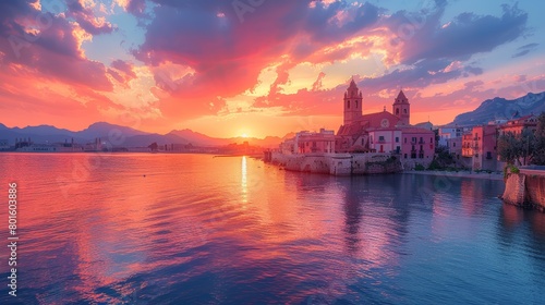 Evening view of Cefalu, featuring a radiant sunset sky illuminating the town and its historic buildings along the waterfront.