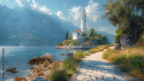 Saint Theodore Lantern by a sparkling sea, with a majestic mountain range and lush greenery enhancing the tranquil scenery. photo