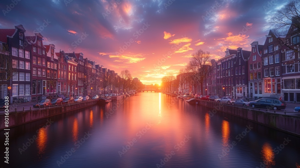 Colorful spring sunset over a canal in Amsterdam. The image captures glowing skies and historic row houses reflecting in tranquil waters.