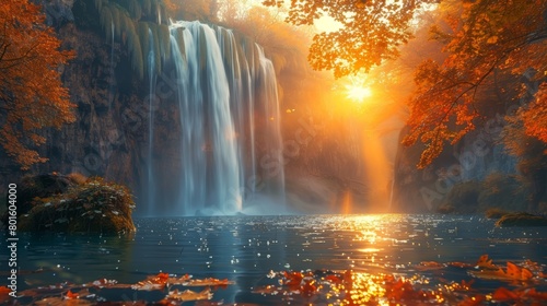 Powerful waterfall cascading into a serene lake, illuminated by the golden rays of a setting sun amidst vibrant autumn trees. © AS Photo Family