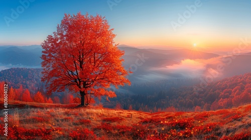 Stunning autumn morning in the Carpathian Mountains featuring a vibrant red tree against sunrise and fog-covered valleys.