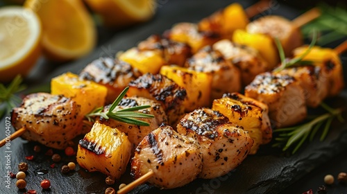   A picture of a close-up plate filled with meat and pineapple skewers photo