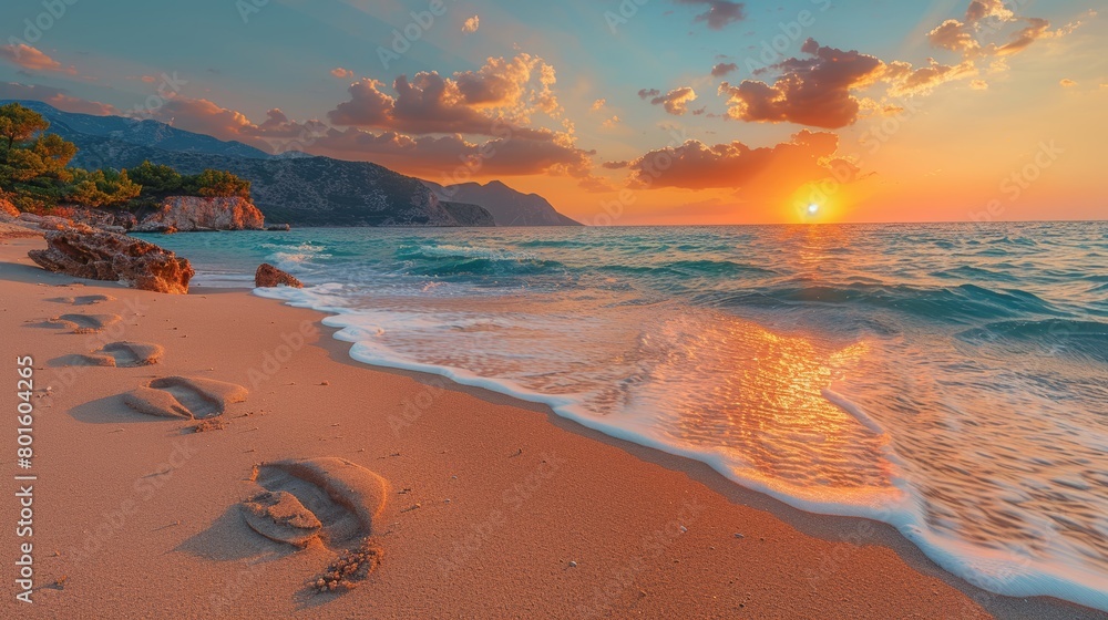 Sunset over a Turkish beach, showcasing radiant skies, gentle waves, and a trail of footprints leading along the shore.