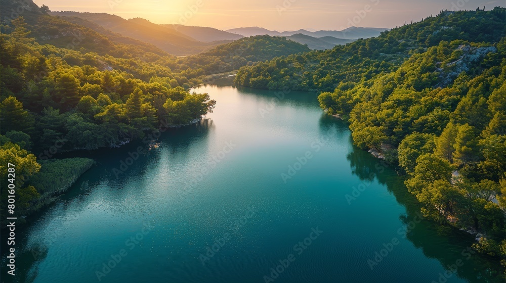 View of Krka National Park in summer, displaying a serene lake surrounded by lush green forest and highlighted by a golden sunset.