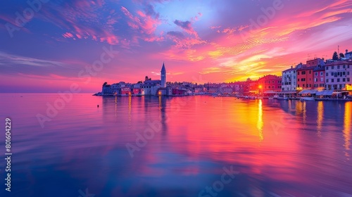 Vbrant sunset in Rovinj  Croatia. The sky bursts with pink and orange hues  reflecting beautifully on the calm sea.