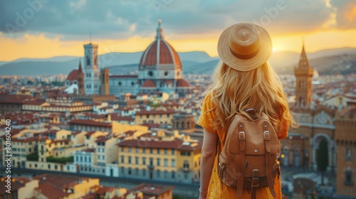 Female traveler gazes at the Florence skyline during sunset, with the iconic Duomo visible. Her backpack and hat offer a sense of adventure in this European cityscape.
