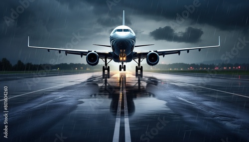 White Passenger plane fly up over take off runway from airport banner tourism travel vacation flight sky clouds dark night