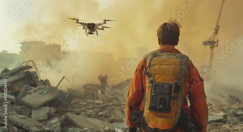 A shot of an emergency worker in front, with his back to the camera, looking at a drone flying over him and standing on top of rubble from buildings that have been destroyed in an earthquake.  photo