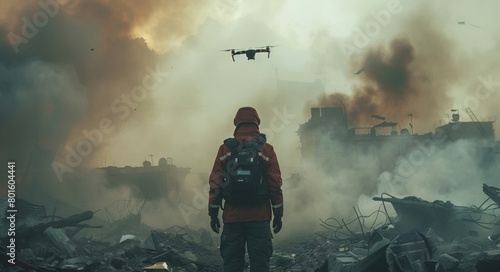 A shot of an emergency worker in front, with his back to the camera, looking at a drone flying over him and standing on top of rubble from buildings that have been destroyed in an earthquak