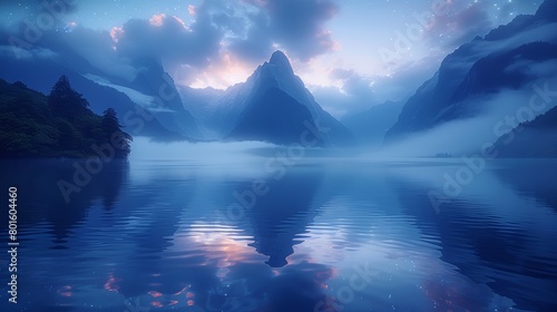 Landscape featuring the iconic Matterhorn mountain reflected on a glassy water surface, under a mystical twilight sky filled with stars and clouds.