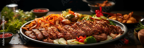 A flavorful and aromatic plate of Korean BBQ with marinated beef and kimchi. photo