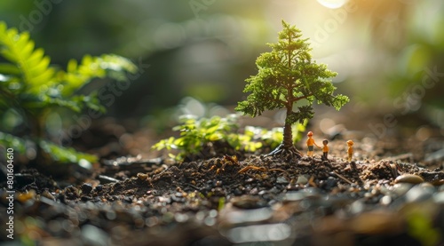 A small tree is growing in the soil, with some tiny people standing next to it and taking care of the tree in an environment full of greenery. 