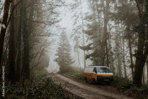 Wallpaper Mural Parked van in foggy forest, wilderness Torontodigital.ca