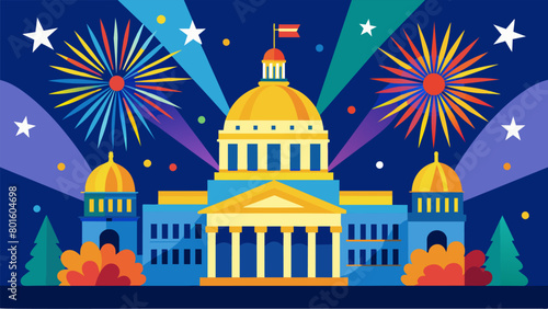 Bright lights and bursts of color adorn the state capitol on this special day bringing together a diverse community in celebration of our nations. Vector illustration