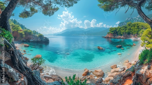Panoramic shot of Antisamos Beach on Kefalonia Island  featuring crystal-clear waters  lush green hills  and a serene atmosphere.