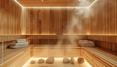 A wooden interior of an electrically heated steam room with steaming stones and towels on the side, steam rising from under its slats.  photo